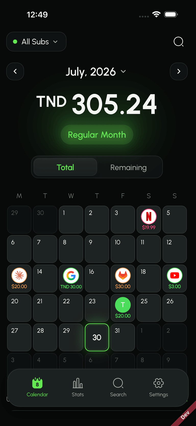 Subbie's renewal calendar for July 2026, showing subscription renewal dates and a monthly total of TND 305.24