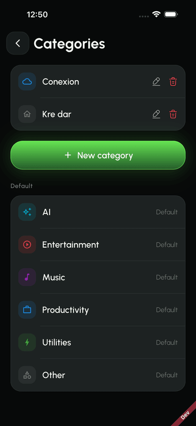 Subbie's custom subscription categories with colors and icons