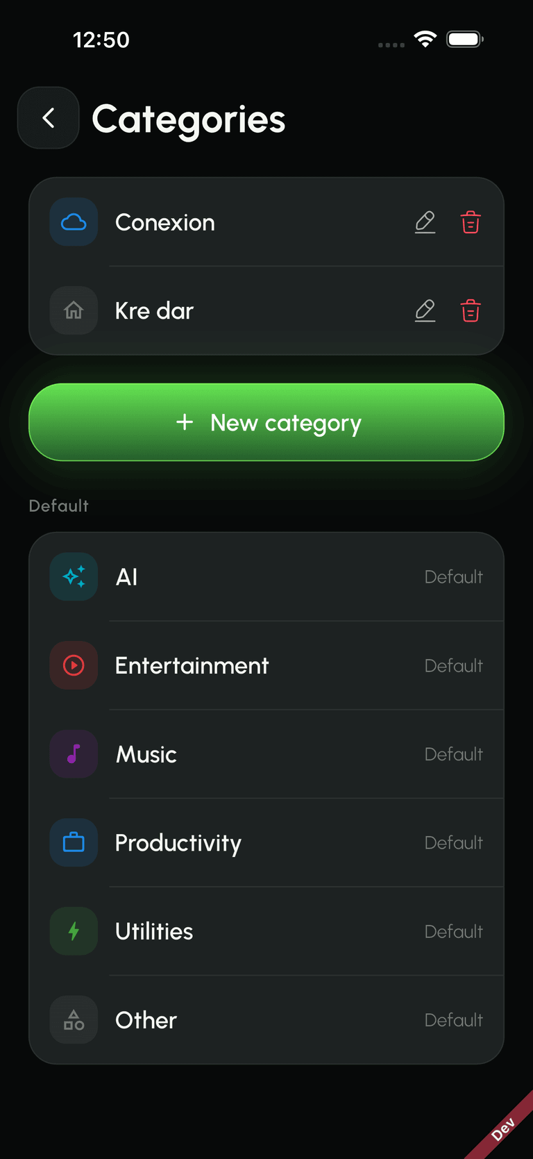 Subbie's category screen showing custom subscription categories with colors and icons