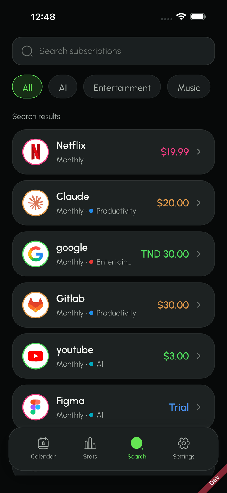 Subbie's search screen filtering tracked subscriptions and categories