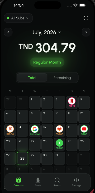 Subbie calendar showing July 2026 renewals and a total of TND 304.79