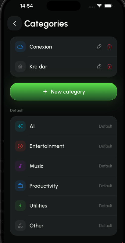 Subbie category management screen